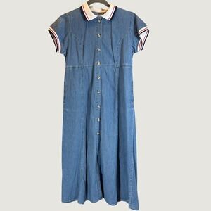 Solutions Original Womens Large Blue Denim Maxi Dress Button Front Striped Trim